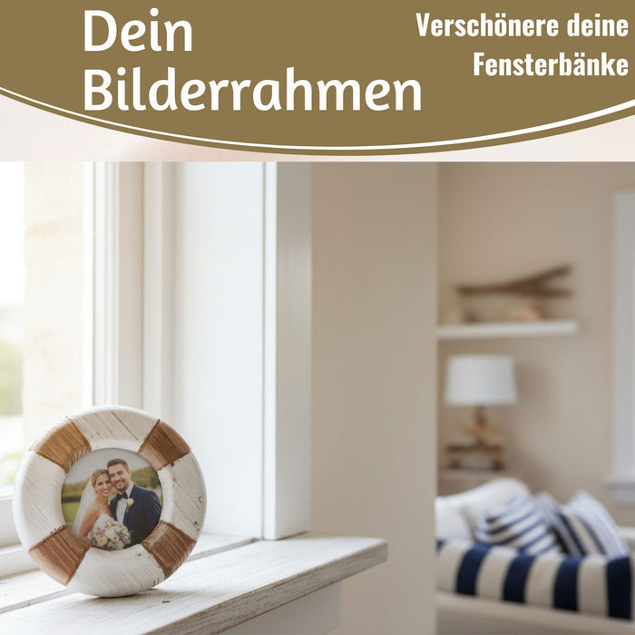 KI-generiertes Bild,Vintage Holz Bilderrahmen 15cm Rund Maritim Steuerrad Aufsteller Fotorahmen