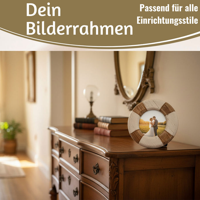 KI-generiertes Bild,Vintage Holz Bilderrahmen 15cm Rund Maritim Steuerrad Aufsteller Fotorahmen