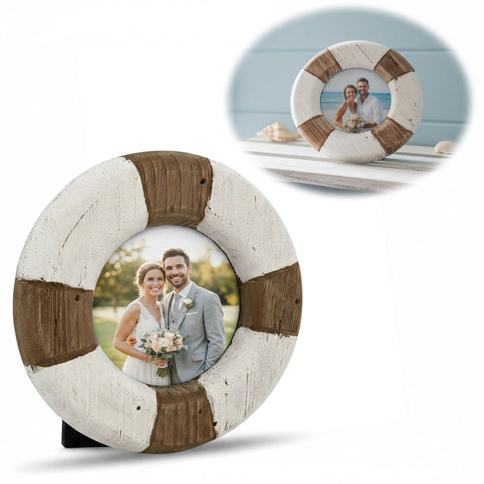 KI-generiertes Bild Vintage Holz Bilderrahmen 15cm Rund Maritim Steuerrad Aufsteller Fotorahmen