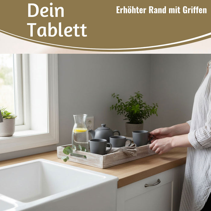 KI-generiertes Bild,Vintage Serviertablett 40x25x5cm Grau Braun gekalkt Holz Tablett Griff Deko