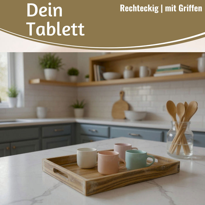 KI-generiertes Bild,Vintage Serviertablett 40x25x5cm Grau Braun gekalkt Holz Tablett Griff Deko