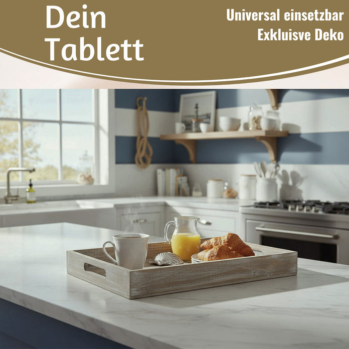 KI-generiertes Bild,Vintage Serviertablett 40x25x5cm Grau Braun gekalkt Holz Tablett Griff Deko