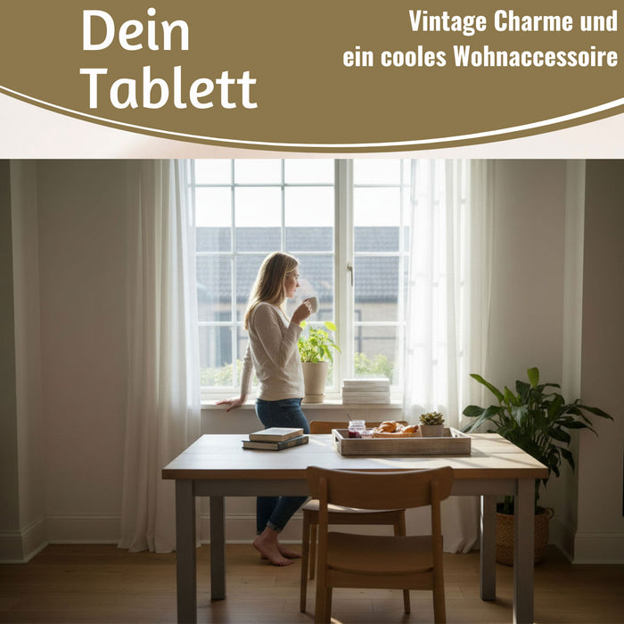 KI-generiertes Bild,Vintage Serviertablett 40x25x5cm Grau Braun gekalkt Holz Tablett Griff Deko