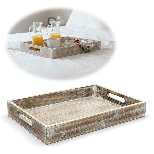 KI-generiertes Bild Vintage Serviertablett 40x25x5cm Grau Braun gekalkt Holz Tablett Griff Deko