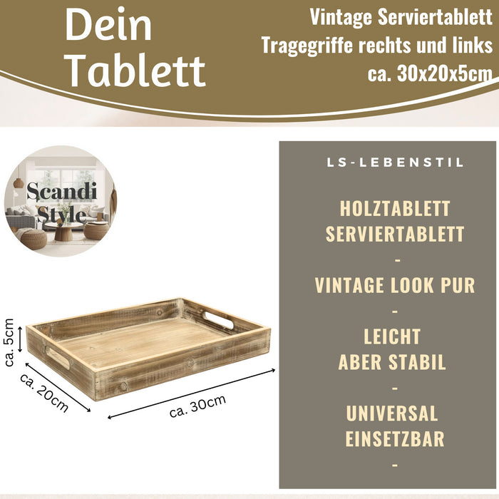 KI-generiertes Bild,Vintage Serviertablett 30x20x5cm Grau Braun gekalkt Holz Tablett Griff Deko