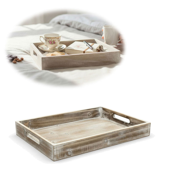 KI-generiertes Bild Vintage Serviertablett 30x20x5cm Grau Braun gekalkt Holz Tablett Griff Deko