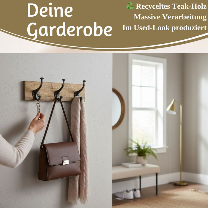 KI-generiertes Bild,Vintage Teak Holz Wandgarderobe 38cm 3/6 Haken Jackenhalter Braun Garderobenleiste