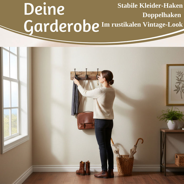 KI-generiertes Bild,Vintage Teak Holz Wandgarderobe 38cm 3/6 Haken Jackenhalter Braun Garderobenleiste