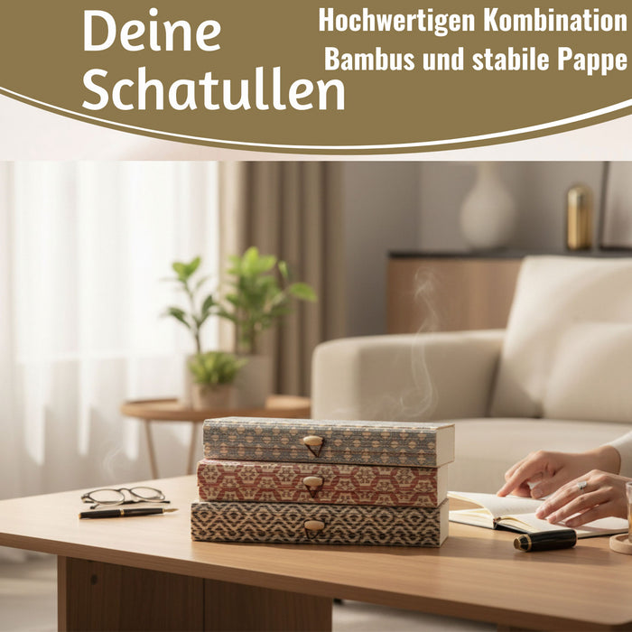 KI-generiertes Bild,Vintage Holz Schachtel 3´er Set Bambus mit Deckel Geschenkbox Aufbewahrungsbox