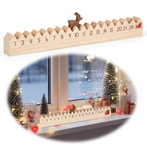 KI-generiertes Bild Vintage Holz Adventskalender hüpfende Rentier 50cm Countdown Xmas Deko