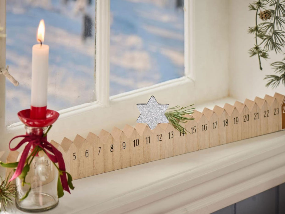 KI-generiertes Bild,Vintage Holz Adventskalender gehender Stern Silber glänzend 50cm Countdown Xmas Deko