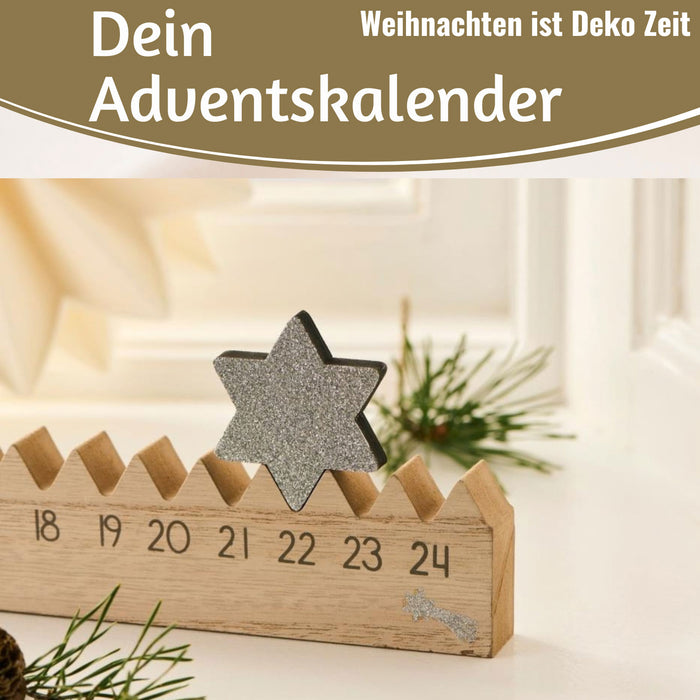 KI-generiertes Bild,Vintage Holz Adventskalender gehender Stern Silber glänzend 50cm Countdown Xmas Deko