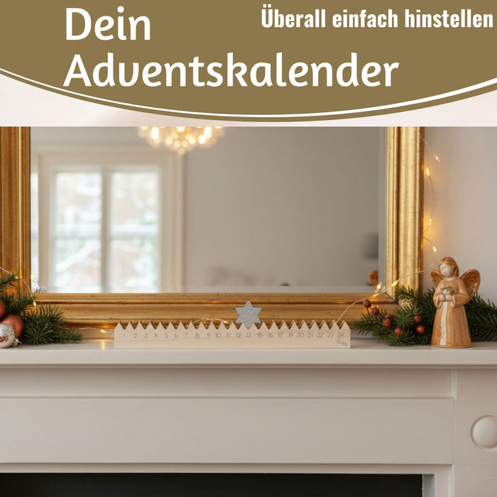 KI-generiertes Bild,Vintage Holz Adventskalender gehender Stern Silber glänzend 50cm Countdown Xmas Deko