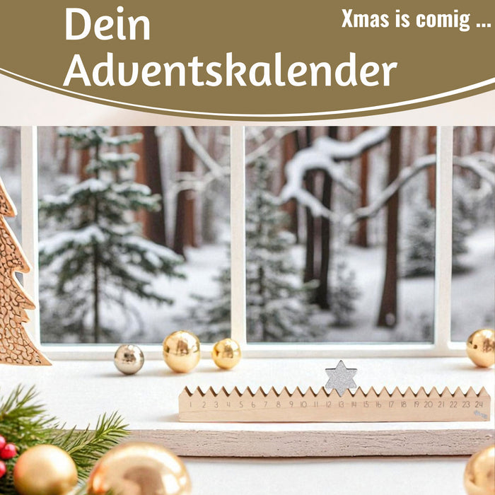 KI-generiertes Bild,Vintage Holz Adventskalender gehender Stern Silber glänzend 50cm Countdown Xmas Deko