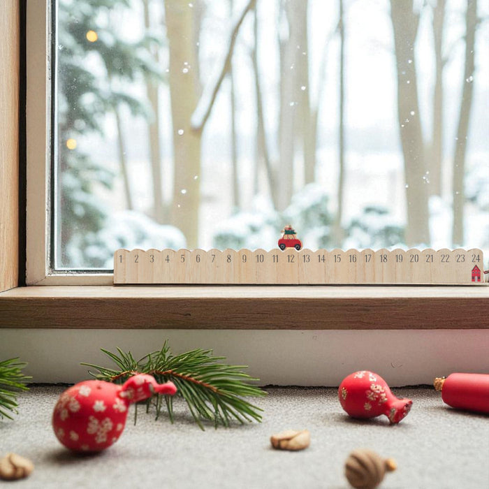 KI-generiertes Bild,Vintage Holz Adventskalender fahrendes Weihnachtsauto 50cm Countdown Xmas Deko