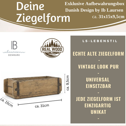 KI-generiertes Bild,IB Laursen Holz Ziegelform Unika 31x15cm Braun alte Backsteinform Cutlery Deko