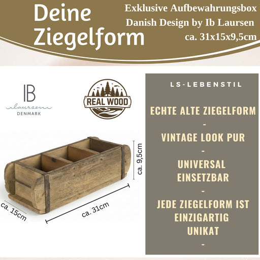 KI-generiertes Bild,IB Laursen Holz Ziegelform Unika 31x9cm Braun 3-fach alte Backsteinform Cutlery Deko