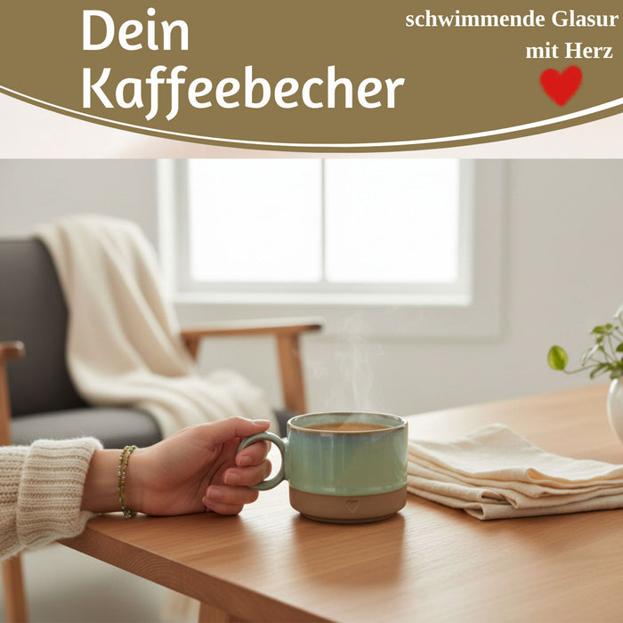 KI-generiertes Bild,Steingut Tontasse Kaffeebecher 290ml Aqua Herz Tonbecher Henkelbecher Kaffeetasse