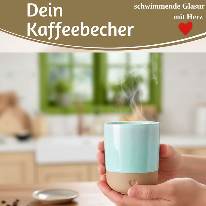 KI-generiertes Bild,Steingut Tontasse Kaffeebecher 190ml Aqua Herz Tonbecher Teebecher Kaffeetasse