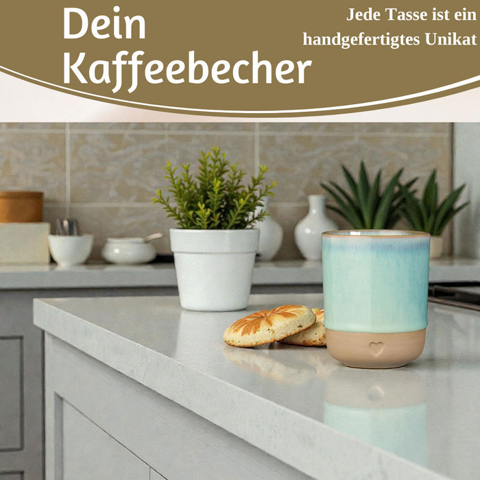 KI-generiertes Bild,Steingut Tontasse Kaffeebecher 190ml Aqua Herz Tonbecher Teebecher Kaffeetasse