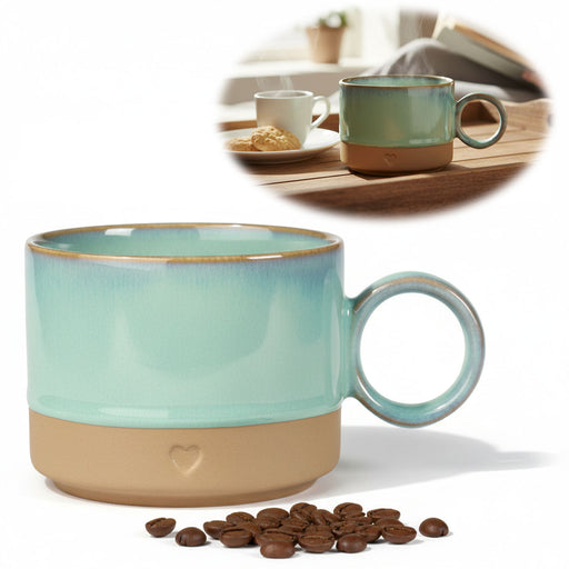 KI-generiertes Bild Steingut Tontasse Kaffeebecher 290ml Aqua Herz Tonbecher Henkelbecher Kaffeetasse