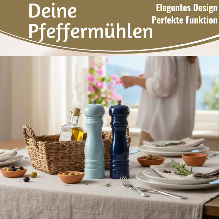 KI-generiertes Bild,Design Holz Salzmühle & Pfeffermühle Set Blau Mix 21cm Keramikmahlwerk Gewürzmühle