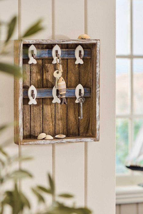 KI-generiertes Bild,IB Laursen Vintage Holz Schlüsselkasten Braun Weiß 30cm 6 Haken Schlüsselbrett