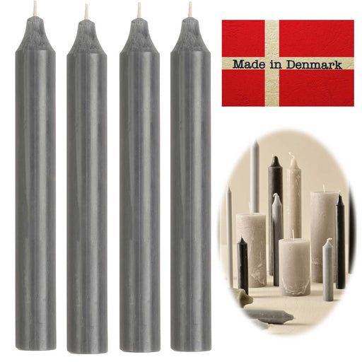 KI-generiertes Bild Exklusive Stabkerzen Ribe Rustik 4´er Set Grau 18x2,2cm Made in Denmark Spitzkerzen