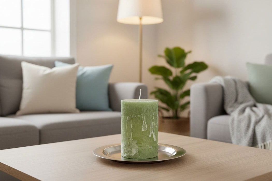 KI-generiertes Bild,Exklusive Stumpenkerze 10x6,8cm Ribe Rustik Grün Green Tea - Made in EU - Wachskerze