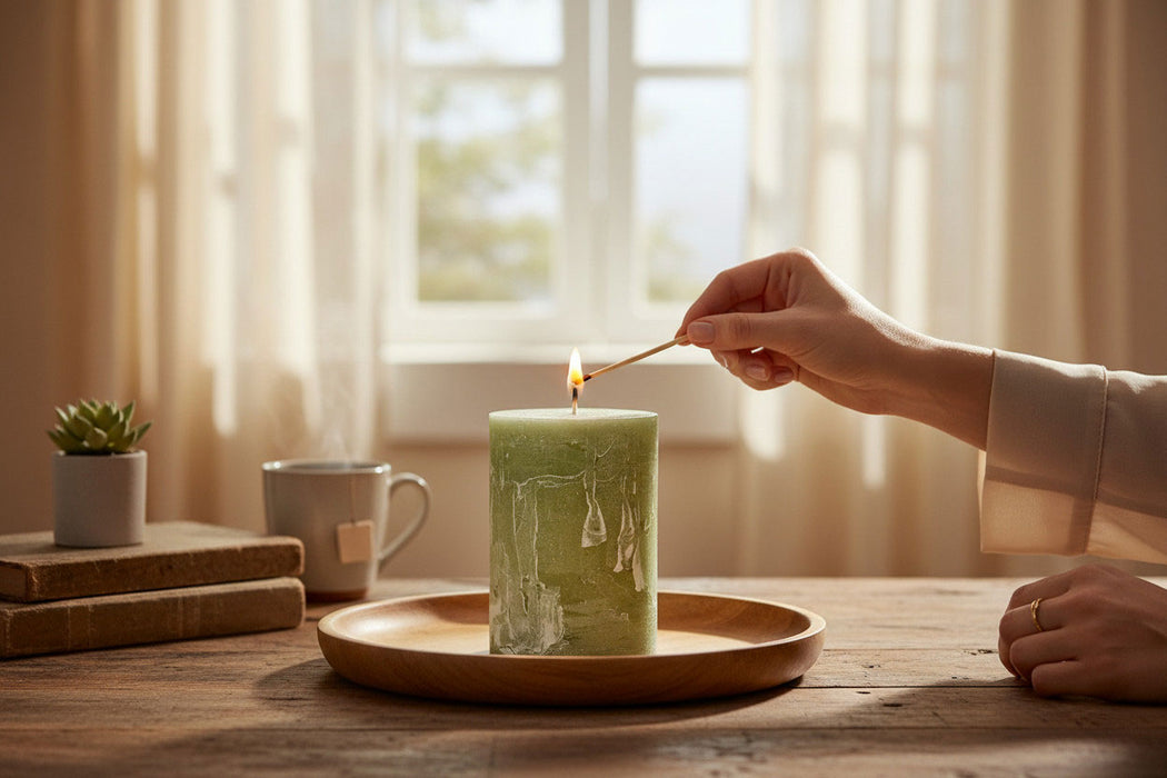 KI-generiertes Bild,Exklusive Stumpenkerze 10x6,8cm Ribe Rustik Grün Green Tea - Made in EU - Wachskerze