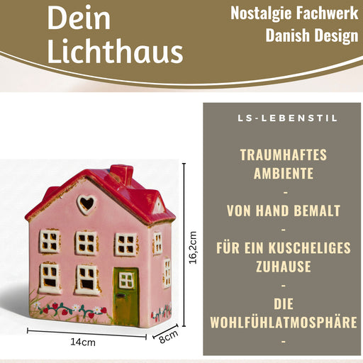 KI-generiertes Bild,Teelichthaus Lichterhaus Nyhavn 16cm Rosa Rot Keramik Fachwerkhaus Teelichthalter