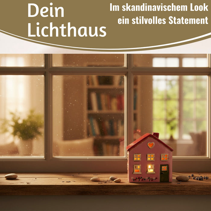 KI-generiertes Bild,Teelichthaus Lichterhaus Nyhavn 16cm Rosa Rot Keramik Fachwerkhaus Teelichthalter