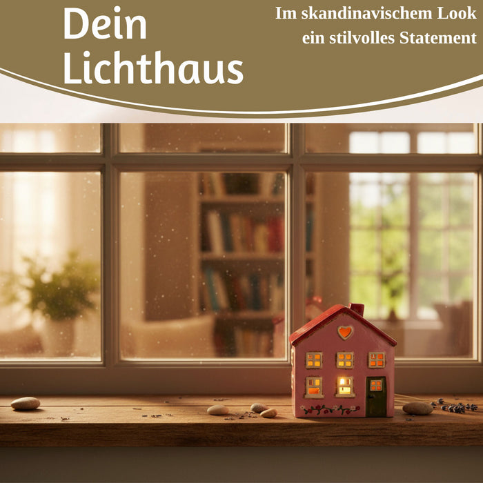 KI-generiertes Bild,Teelichthaus Lichterhaus Nyhavn 16cm Rosa Rot Keramik Fachwerkhaus Teelichthalter