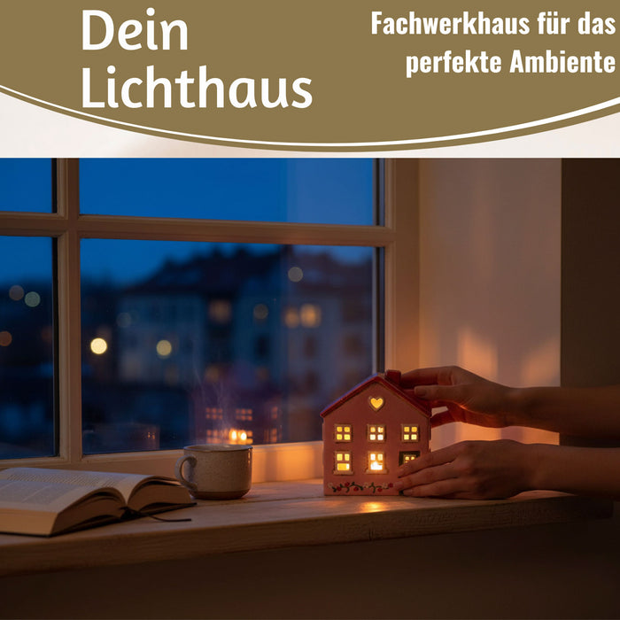 KI-generiertes Bild,Teelichthaus Lichterhaus Nyhavn 16cm Rosa Rot Keramik Fachwerkhaus Teelichthalter