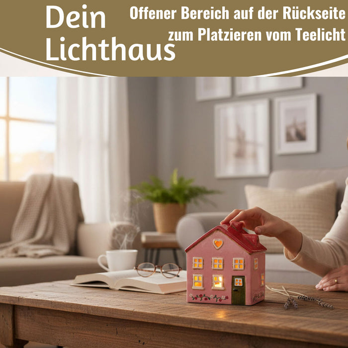 KI-generiertes Bild,Teelichthaus Lichterhaus Nyhavn 16cm Rosa Rot Keramik Fachwerkhaus Teelichthalter