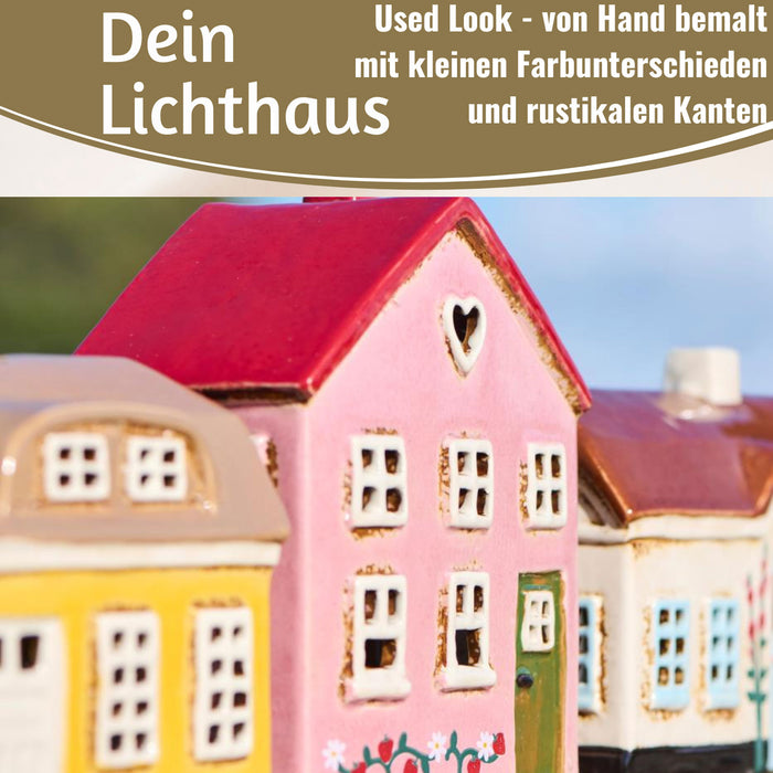 KI-generiertes Bild,Teelichthaus Lichterhaus Nyhavn 16cm Rosa Rot Keramik Fachwerkhaus Teelichthalter
