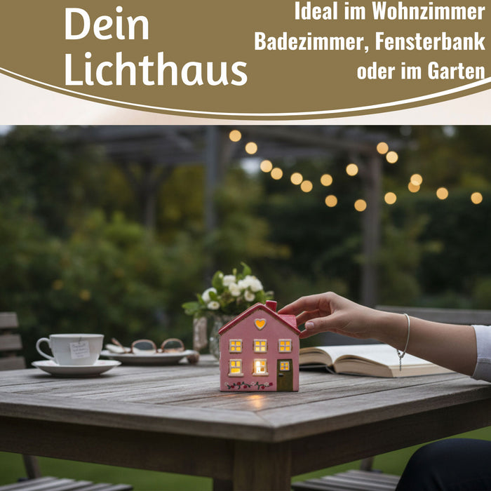 KI-generiertes Bild,Teelichthaus Lichterhaus Nyhavn 16cm Rosa Rot Keramik Fachwerkhaus Teelichthalter