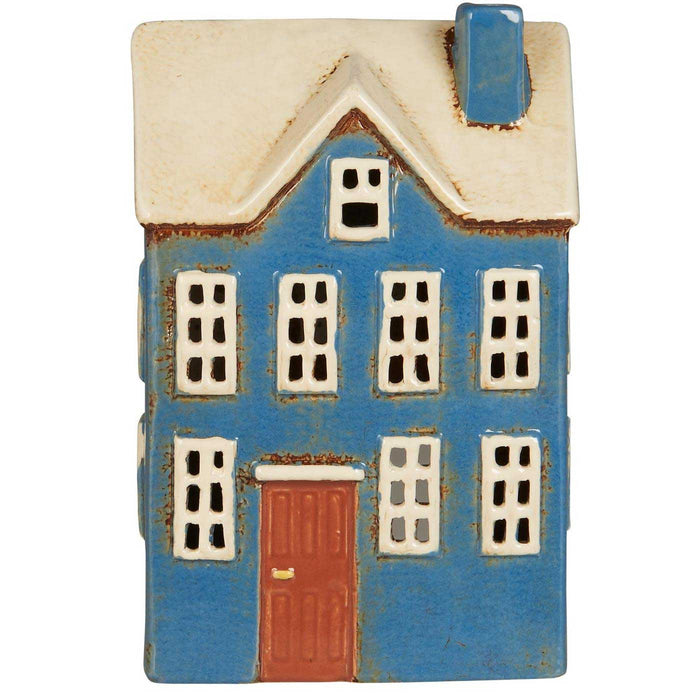 KI-generiertes Bild,Teelichthaus Lichterhaus Nyhavn 20cm Blau Weiß Keramik Fachwerkhaus Teelichthalter