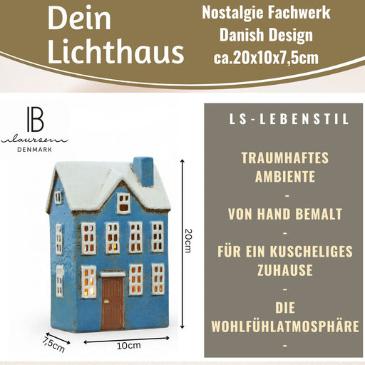 KI-generiertes Bild,Teelichthaus Lichterhaus Nyhavn 20cm Blau Weiß Keramik Fachwerkhaus Teelichthalter
