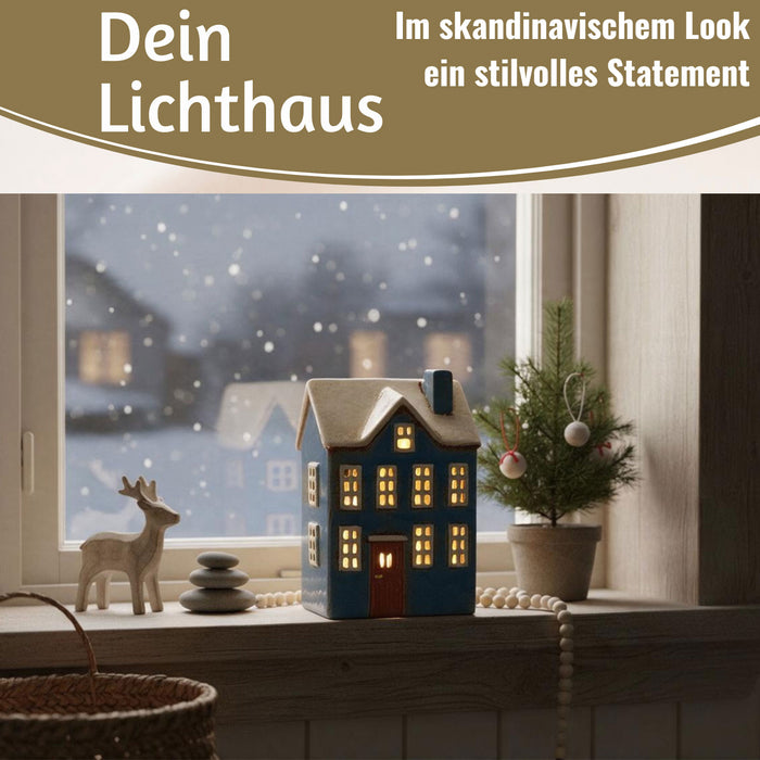 KI-generiertes Bild,Teelichthaus Lichterhaus Nyhavn 20cm Blau Weiß Keramik Fachwerkhaus Teelichthalter