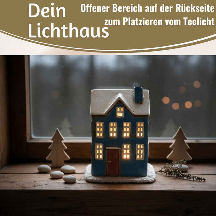 KI-generiertes Bild,Teelichthaus Lichterhaus Nyhavn 20cm Blau Weiß Keramik Fachwerkhaus Teelichthalter