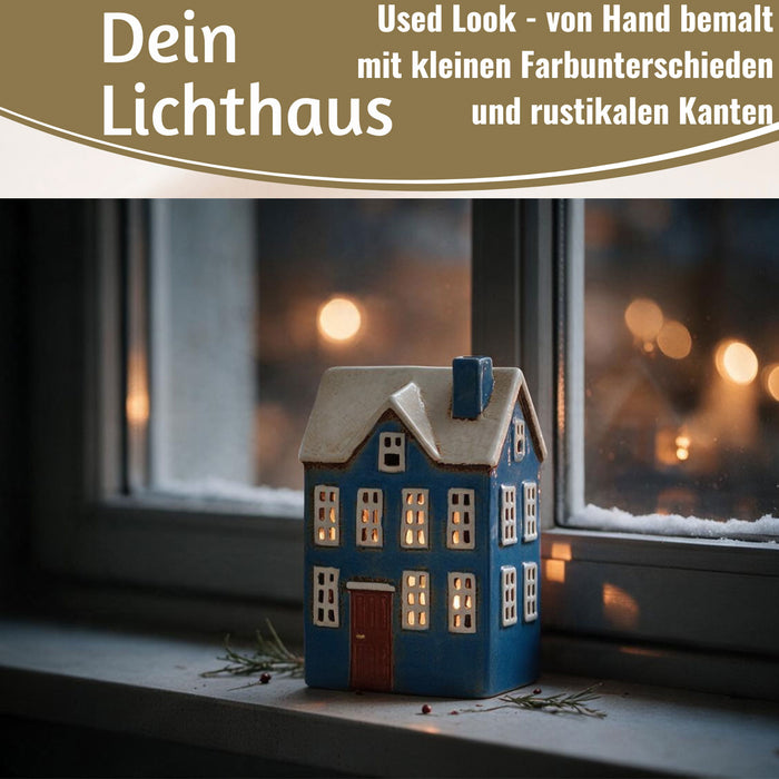 KI-generiertes Bild,Teelichthaus Lichterhaus Nyhavn 20cm Blau Weiß Keramik Fachwerkhaus Teelichthalter