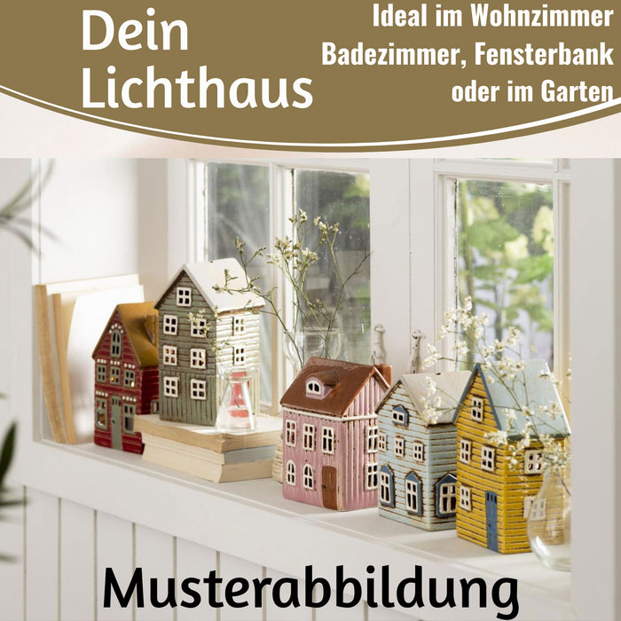 KI-generiertes Bild,Teelichthaus Lichterhaus Nyhavn 20cm Blau Weiß Keramik Fachwerkhaus Teelichthalter
