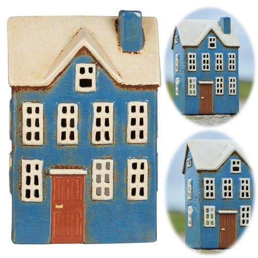 KI-generiertes Bild Teelichthaus Lichterhaus Nyhavn 20cm Blau Weiß Keramik Fachwerkhaus Teelichthalter