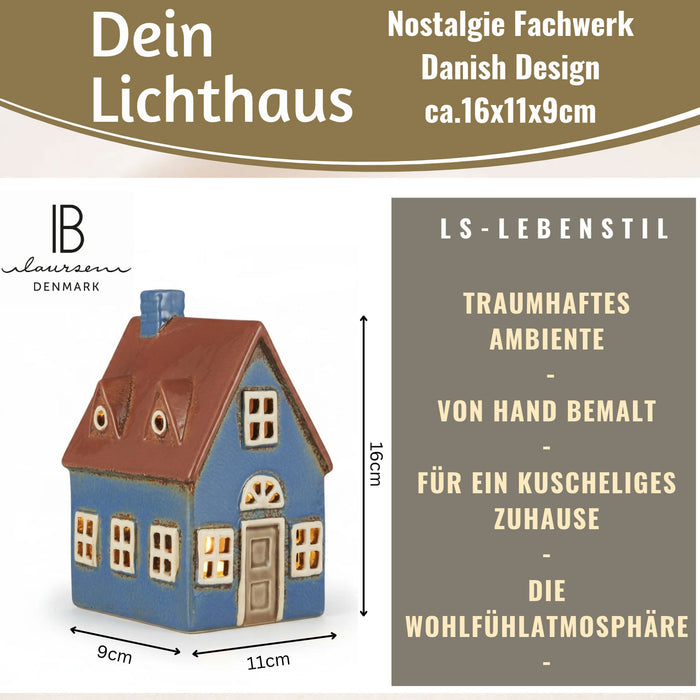 KI-generiertes Bild,Teelichthaus Lichterhaus Nyhavn 16cm Blau Braun Keramik Fachwerkhaus Teelichthalter
