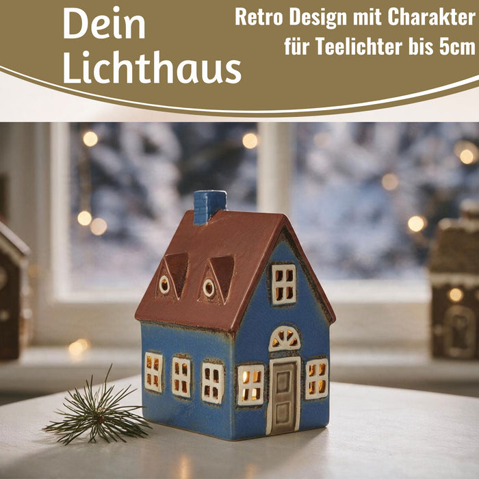 KI-generiertes Bild,Teelichthaus Lichterhaus Nyhavn 16cm Blau Braun Keramik Fachwerkhaus Teelichthalter