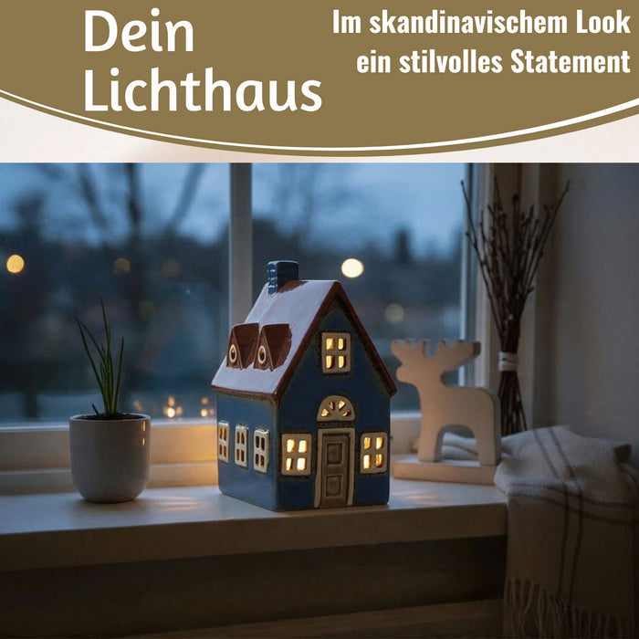 KI-generiertes Bild,Teelichthaus Lichterhaus Nyhavn 16cm Blau Braun Keramik Fachwerkhaus Teelichthalter