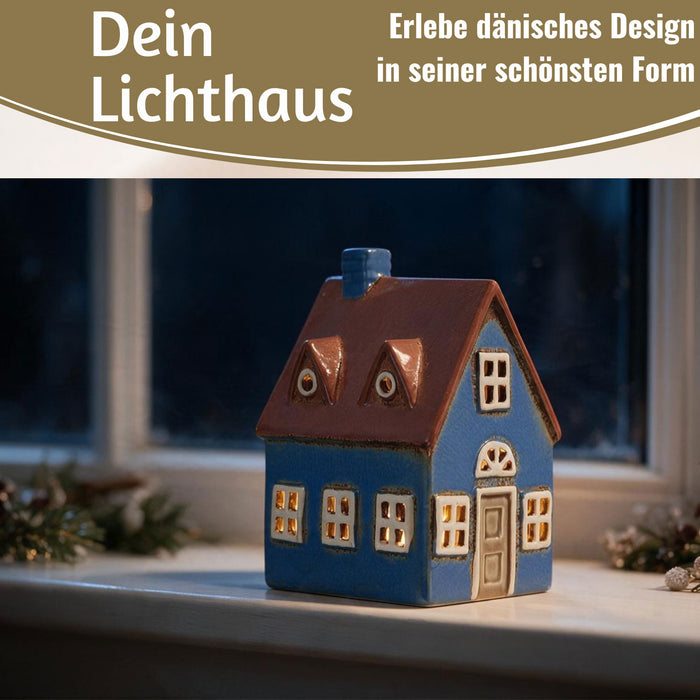 KI-generiertes Bild,Teelichthaus Lichterhaus Nyhavn 16cm Blau Braun Keramik Fachwerkhaus Teelichthalter