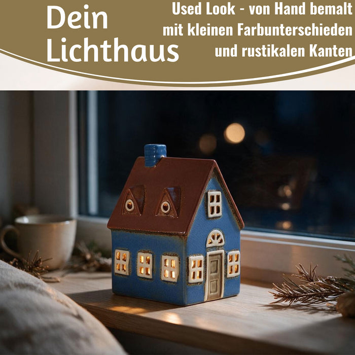 KI-generiertes Bild,Teelichthaus Lichterhaus Nyhavn 16cm Blau Braun Keramik Fachwerkhaus Teelichthalter