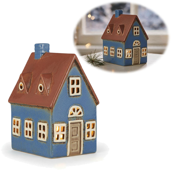 KI-generiertes Bild Teelichthaus Lichterhaus Nyhavn 16cm Blau Braun Keramik Fachwerkhaus Teelichthalter